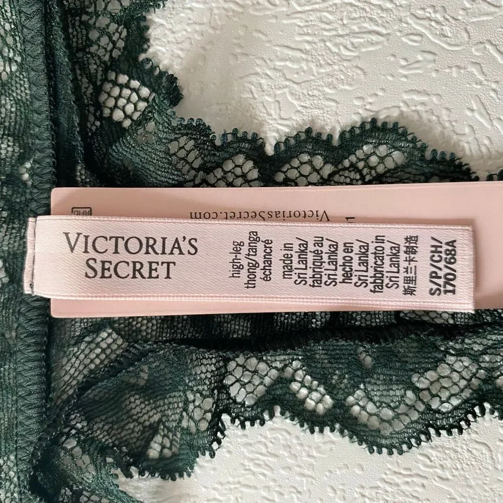 Victoria’s Secret Green Lace Thong Panty S NWT Floral Sheer Lingerie